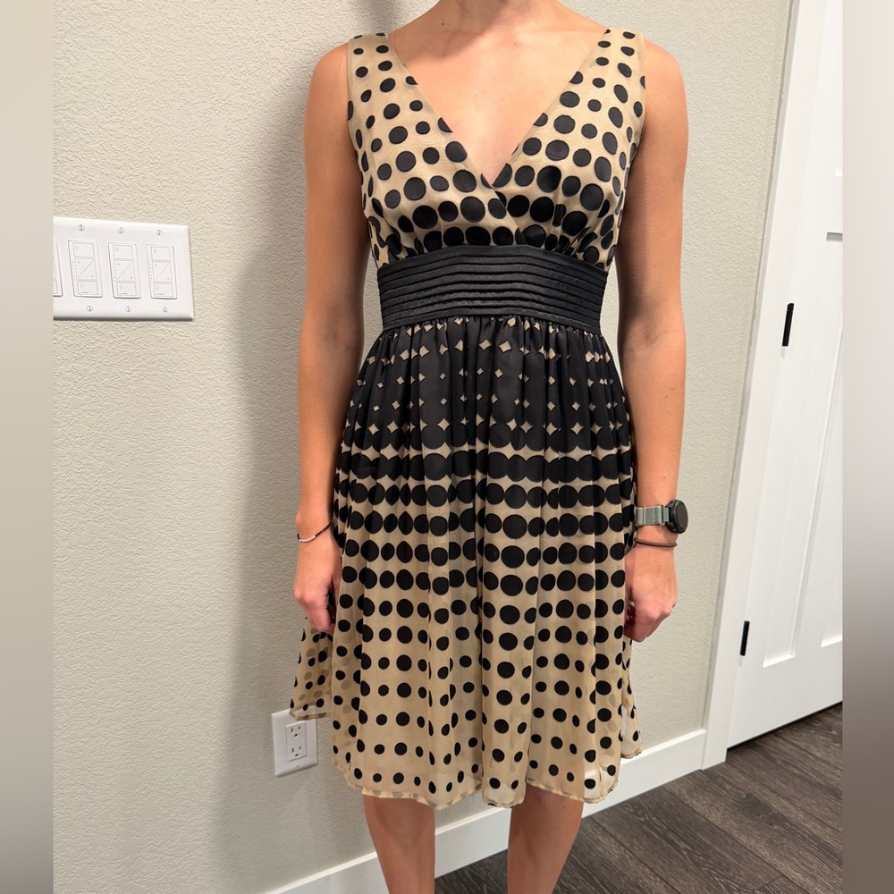 Polka Dot Sleeveless V-Neck Midi Dress in Beige and Black